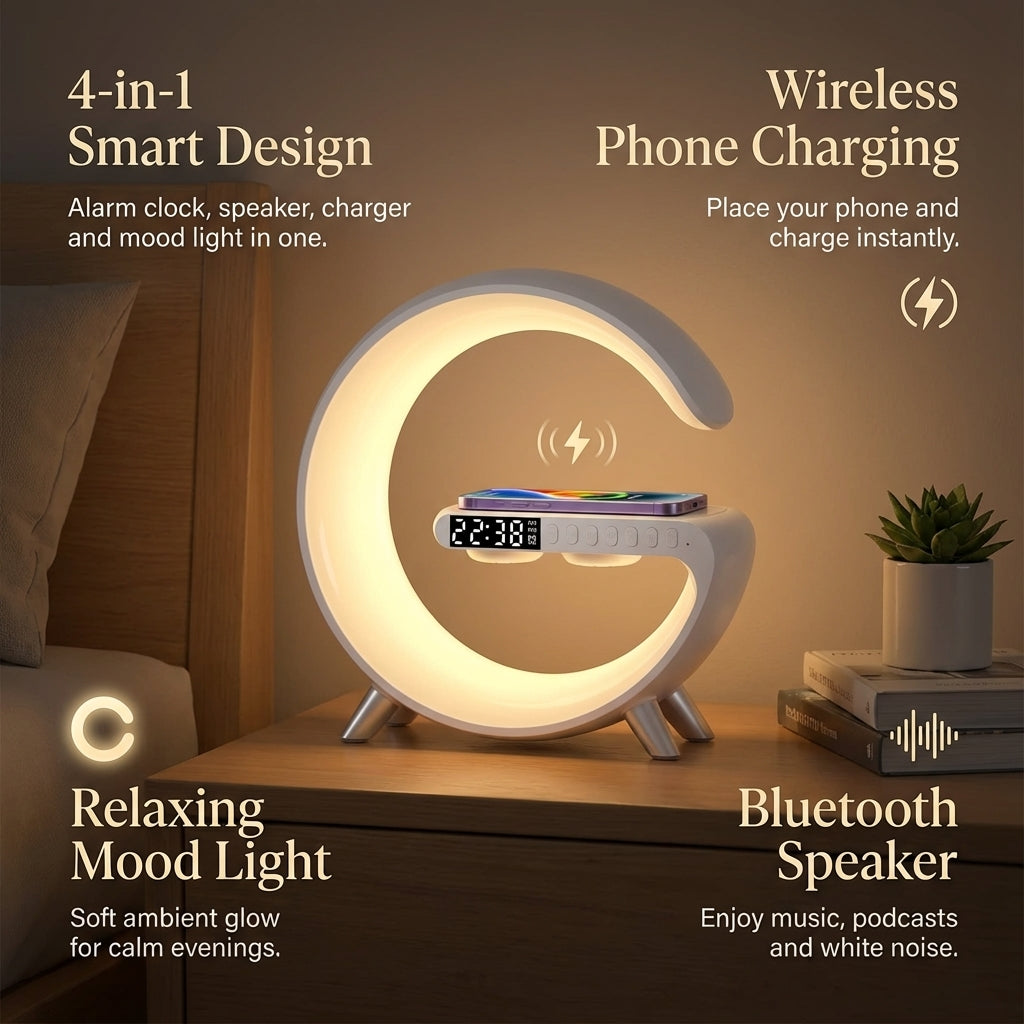 4-in-1 Alarm Clock, Mood Light, Speaker And Wireless Charger