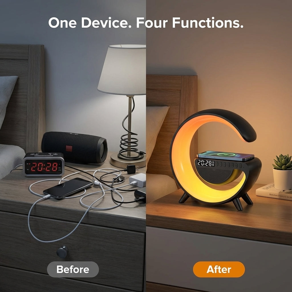 4-in-1 Alarm Clock, Mood Light, Speaker And Wireless Charger