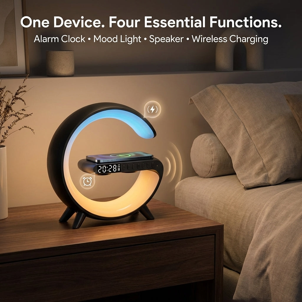 4-in-1 Alarm Clock, Mood Light, Speaker And Wireless Charger